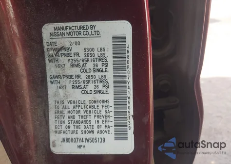 2001 Nissan Pathfinder Se из США, поврежденный, VIN JN8DR07Y41W505139